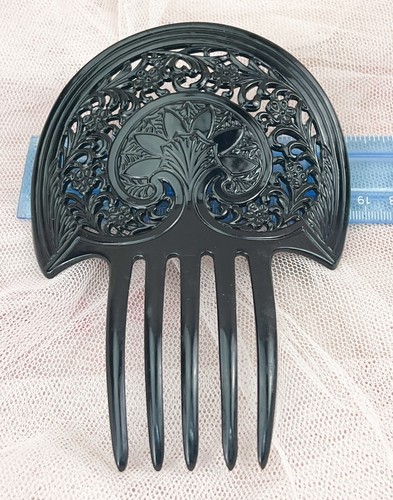 Vintage 6" Lotus Flower Floral Design BLACK Plastic Celluloid Hair Comb *READ* - Picture 4 of 10