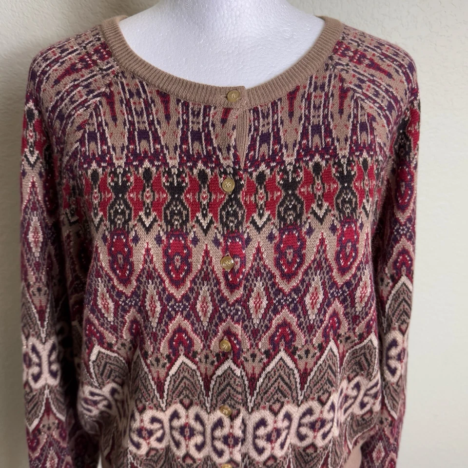 Cárdigan Suéter George by Mark Eisen Para Mujer Talla L Marrón y Rojo Botón Frontal Foto 2 de 4