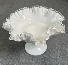 Fenton Silver Crest Milk Glass Footed Bowl Candy Dish Compote Ruffled Vintage