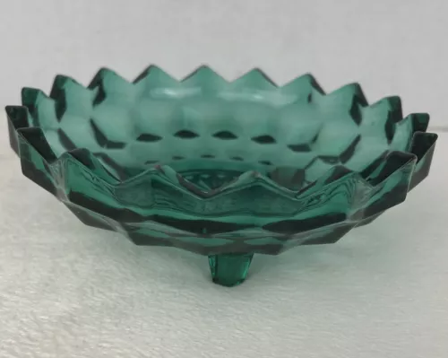 TEAL GREEN CUBIST INDIANA GLASS WHITEHALL ROUND FOOTED CANDY BON BON BOWL DISH