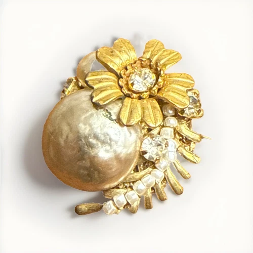 Rare Vintage Miriam Haskell Signed Faux baroque Pearl Gold Rhinestone Brooch Pin
