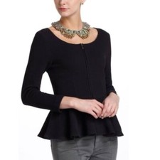 Ganni Black Textured 3/4 Sleeve Zip Front Peplum Hem Jacket S
