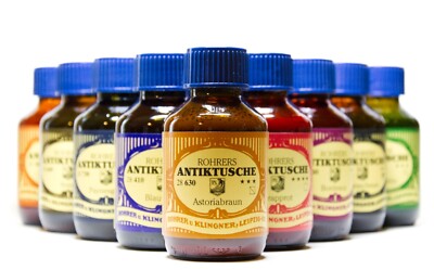 Rohrer & Klingner | Antiktusche | wasserfest | 100 ml Tusche im Glas | 18 Farben