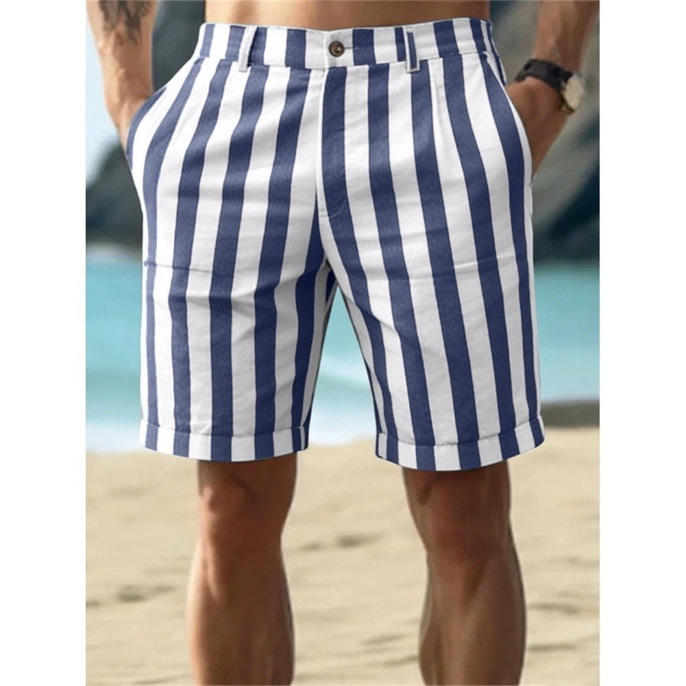 Men Summer Beach Shorts Made of Cotton Linen Blend with Striped Pattern