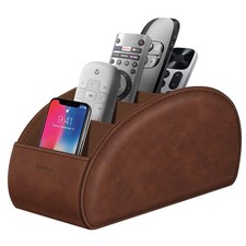5 Compartment PU Leather Remote Control Organizer Desk Caddy Storage Brown