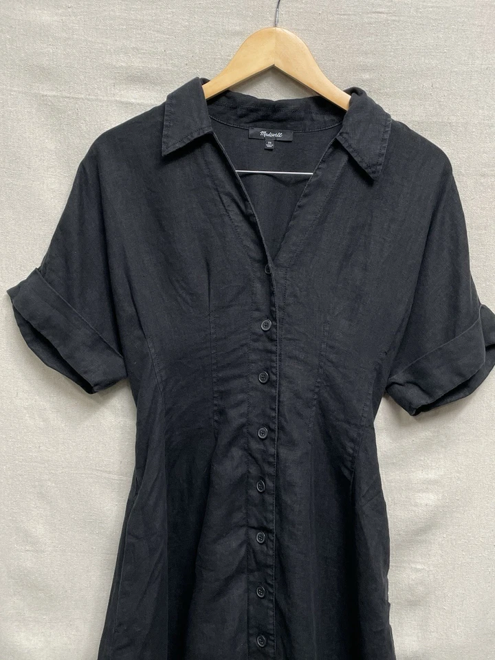 Madewell 100% Linen Pleated Midi Shirtdress Size XS Jet Black Pockets - Image 2 of 4