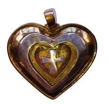 1.75" Jeep Collins Brass Sterling Silver Heart Dangling Cross Shadowbox Pendant
