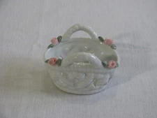 Vtg Small Porcelain Woven Basket w/Pink Roses, Unmarked