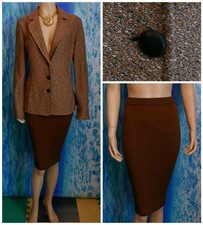 ST JOHN Collection Knit Brown Jacket Skirt L 12 10 2pc Suit Cream Black Collared