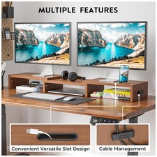 Wooden Dual Monitor Stand Riser, Large Storage, Walnut