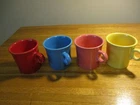 4 Fiesta Mugs Ring Handle Yellow, Turquoise, Red, Peachy Orange 10 Oz Set of 4