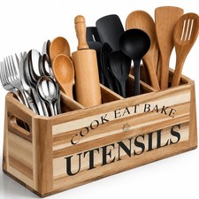 Acacia Wood Utensil Holder Extra Large 4Compartment Organizer Wall Mount
