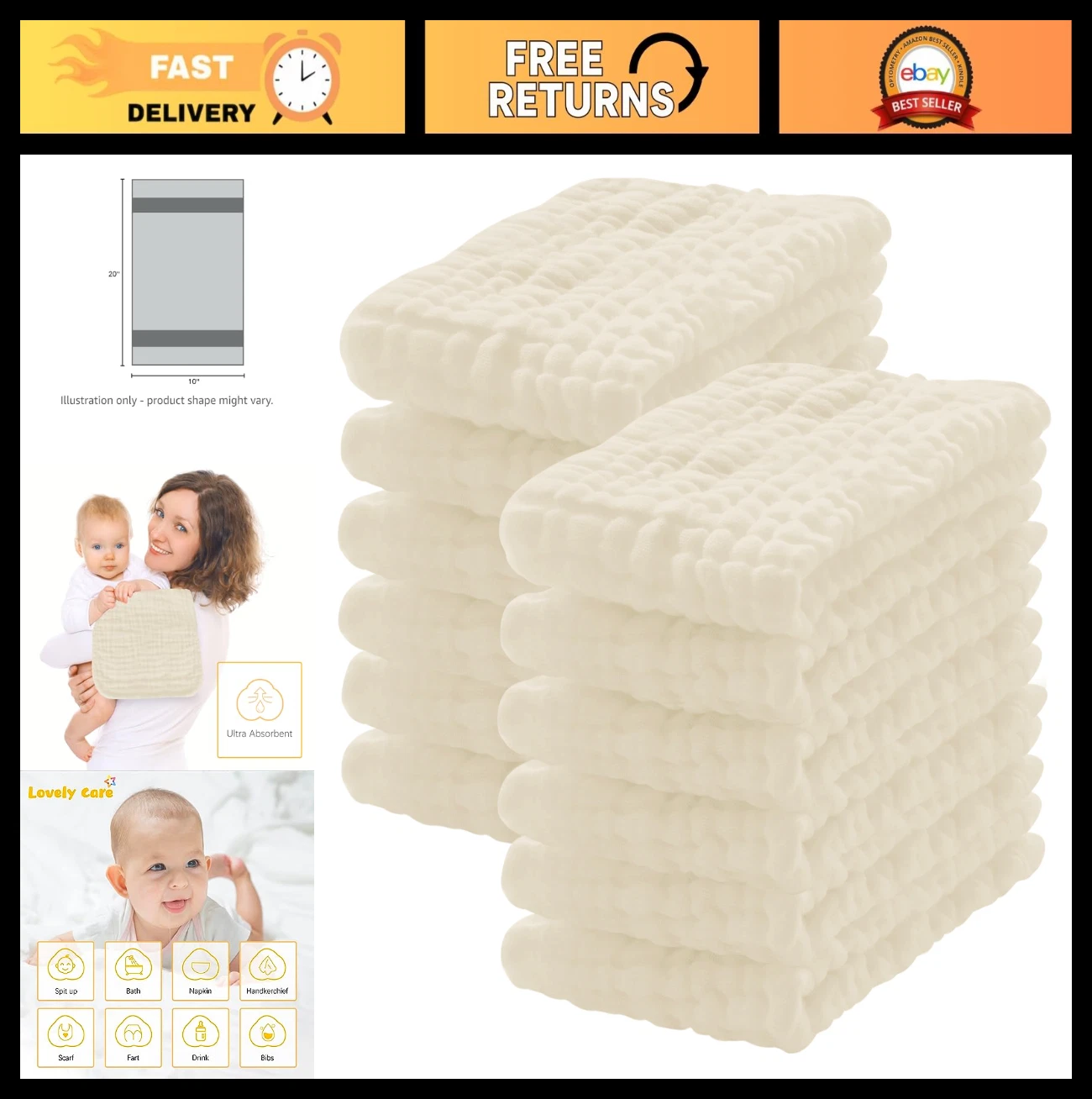 12 Pack Extra Soft 100% Cotton Muslin Burp Cloths - Large 20"x10" Absorbent Baby