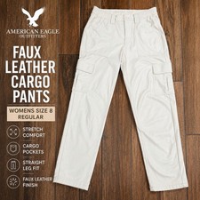 American Eagle Faux Leather Cargo Pants Womens Size 8 Ivory Stretch Y2K Style