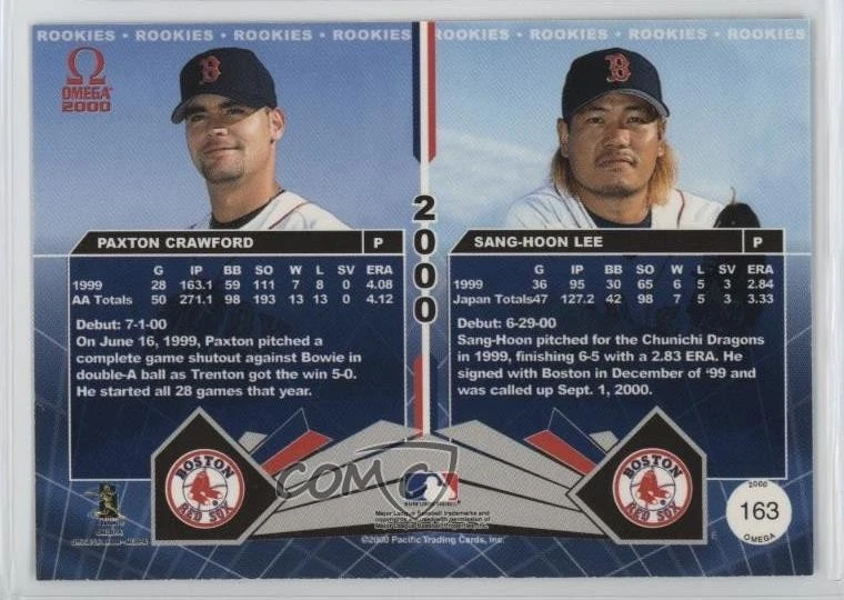 2000 Pacific Omega /999 Paxton Crawford Sang-Hoon Lee #163 Rookie RC - Image 2 of 2