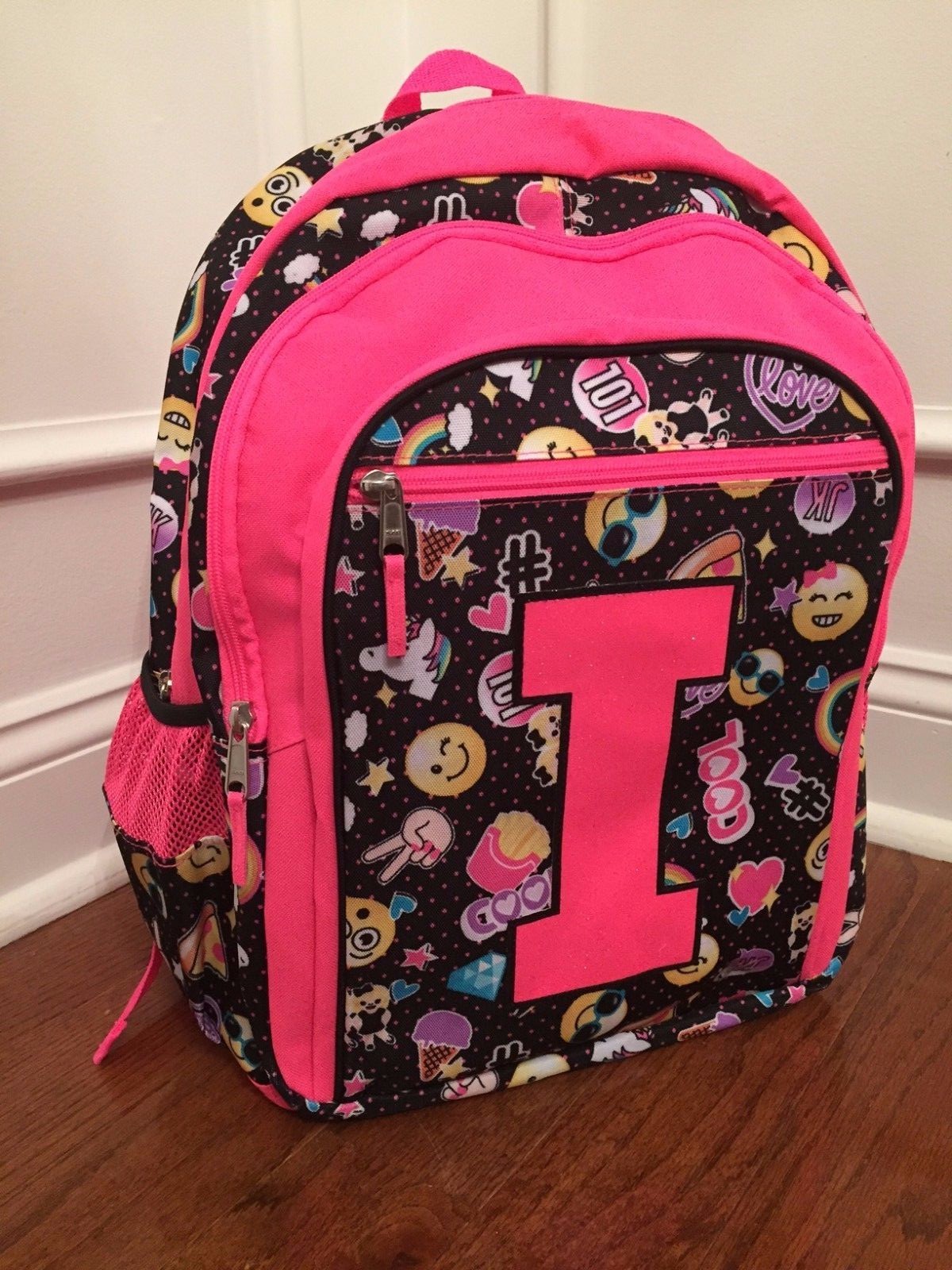 Justice Emoji Black Pink Polka Dot Initial I Backpack Book Bag New! eBay