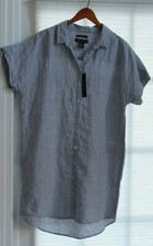 TAHARI Navy Blue White Stripe 100% Linen Button Down Shirt Dress Size S NWT 