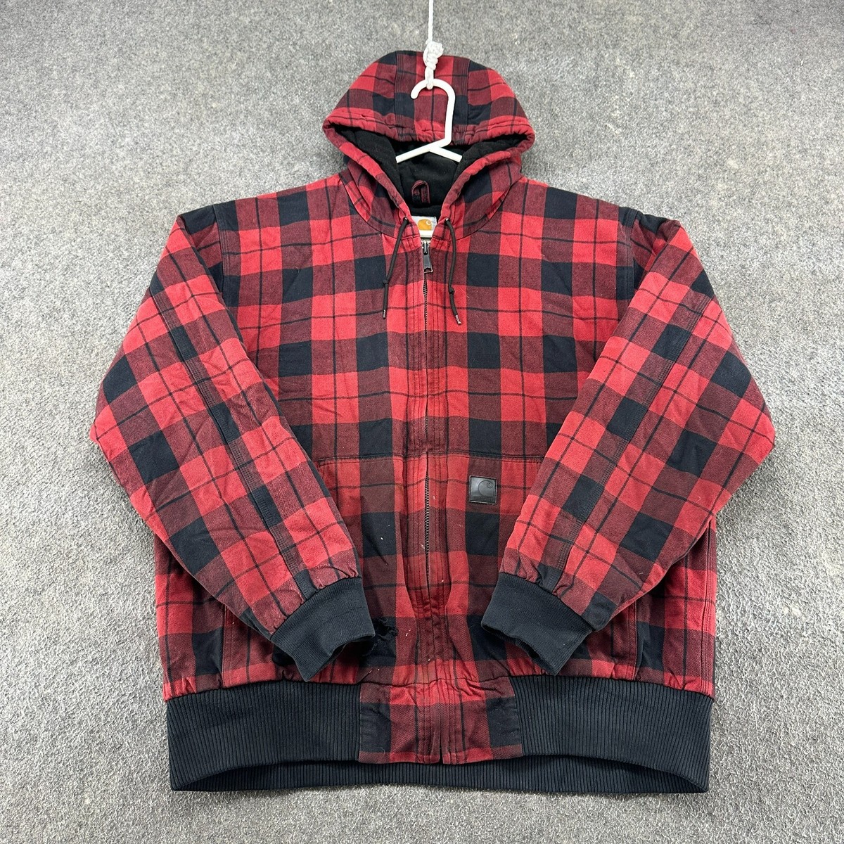 Carhartt Jacket Mens XL Red Black Hooded Flannel Lined Buffalo