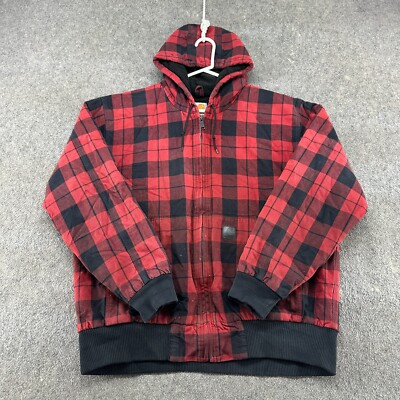 Carhartt Jacket Mens XL Red Black Hooded Flannel Lined Buffalo