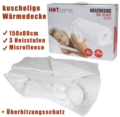 TRENDYSHOP365 Heizdecke 150x80cm Elektrisch 3 Heizstufen Wärmedecke Unterbett Microfleece weiß
