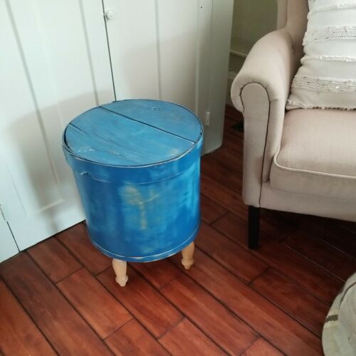 Vtg Bentwood Pantry Cheese Box Round Wood Handmade Table Painted Blue Storage - Picture 1 of 11