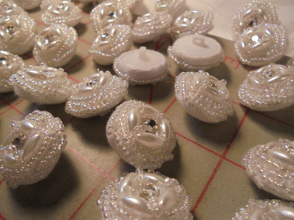 5 Vintage HandMade Bridal Buttons Rhinestone Center 4 Oval & Seed Beads White AB - Image 4 of 4