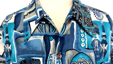Vtg 70s BAREFOOT IN PARADISE Men's Hawaiian Dress Shirt TRIBAL Blue L VEUC  