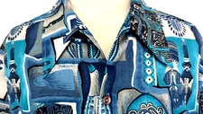 Vtg 70s BAREFOOT IN PARADISE Men's Hawaiian Dress Shirt TRIBAL Blue L VEUC! *