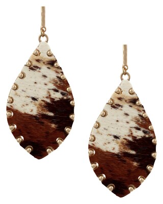 NEW Light Medium Dark Brown Cowhide Gold Studded Teardrop Western Style Earrings