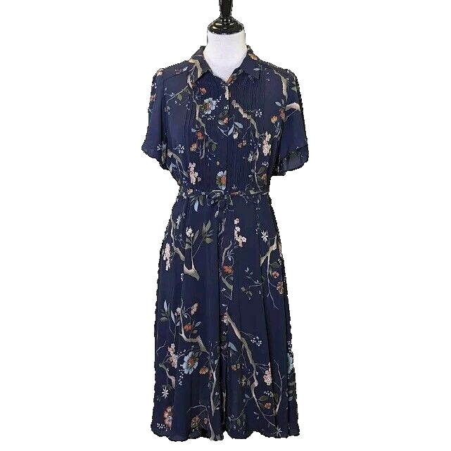NANETTE LEPORE Dress Floral Crepe Pintuck Button Front Navy Sheer Slip SIZE 8 NANETTE LEPORE Dress Floral Crepe Pintuck Button Front Navy Sheer Slip SIZE 8