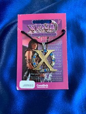 RARE Collier Comstock Creations étain et cristaux autrichiens Xena or X chakram