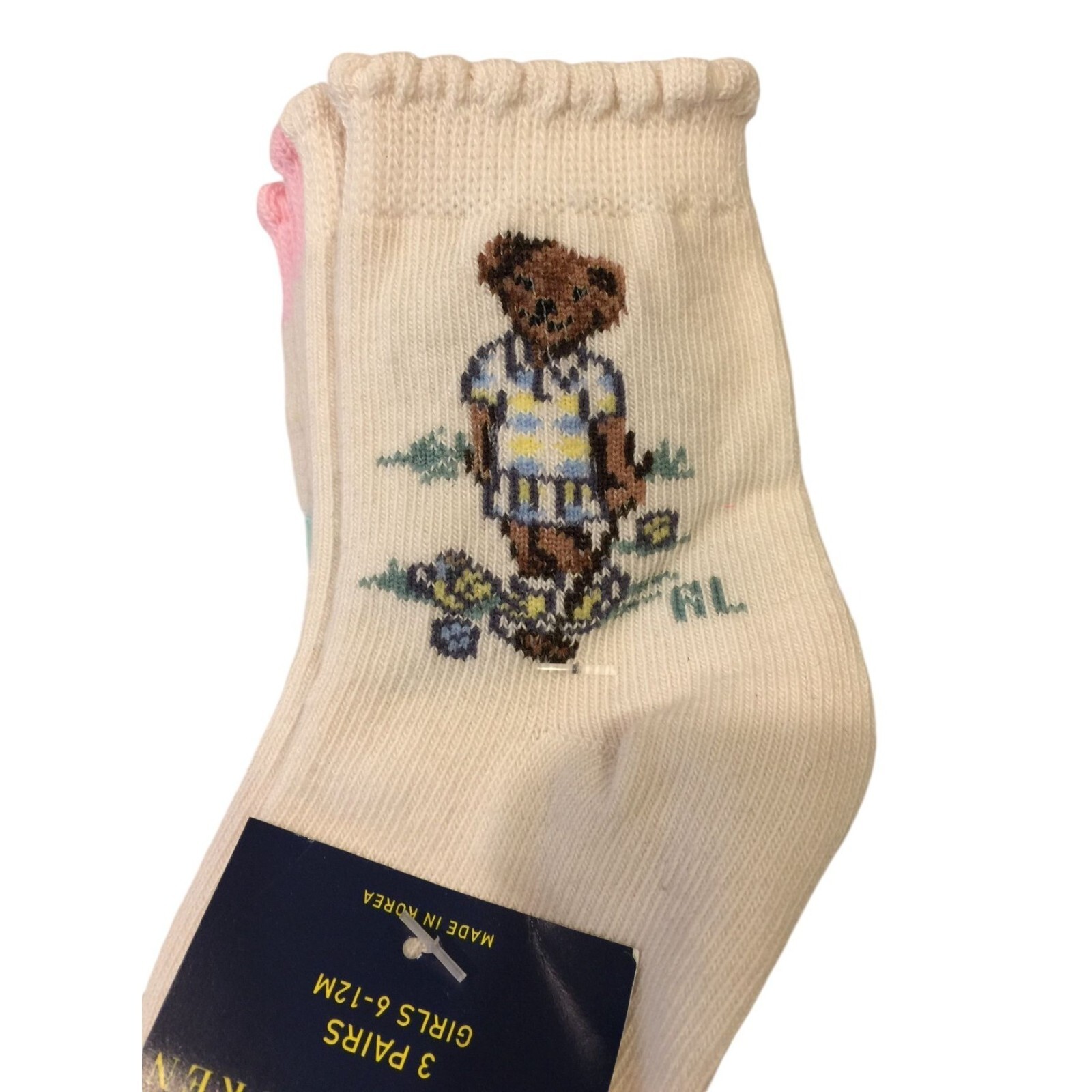 Ralph Lauren Infants 6 12 Months Socks Springtime Bear Pink Lime Pony Pink Logo