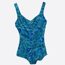Maxine of Hollywood Vintage Swimsuit Womens 10/M One Piece Blue Floral Ruched