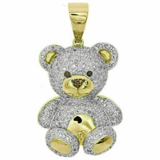 NEW 1.55 CT Diamond Teddy Bear Pendant 1.40" 3D Pave Charm 14K Yellow Gold Over