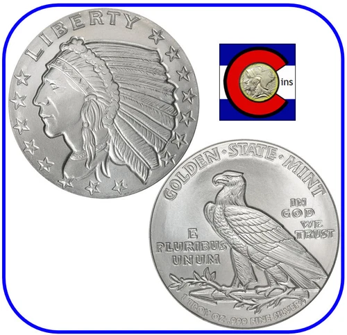 Incuse Indian Silver 1 oz BU Bullion Round from GSM in direct fit capsule