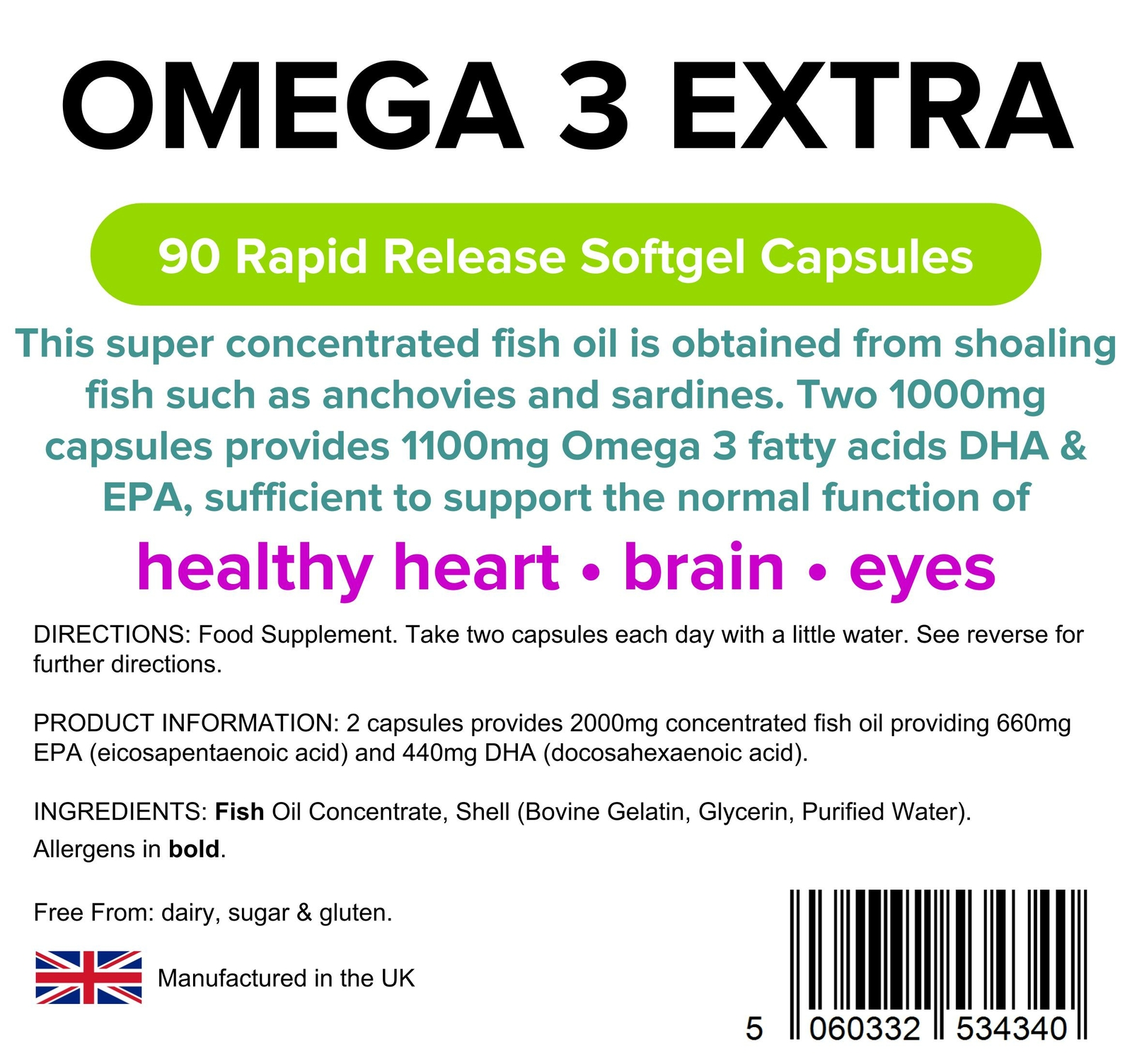 Omega 3 Fish Oil Extra (55 DHA/EPA) 1000mg 90 Capsules [Lindens
