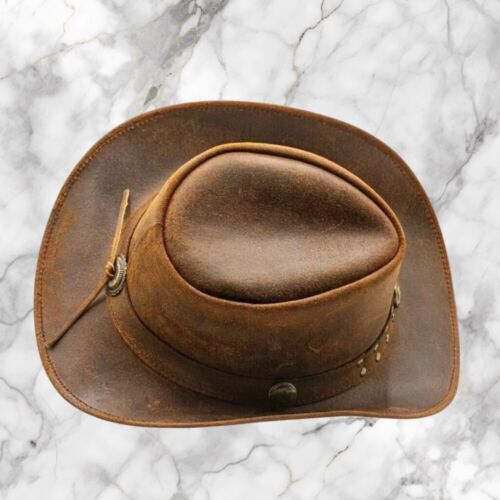 Men and Women Brown Genuine Leather Cowboy Western Hat size Medium - Picture 3 of 5