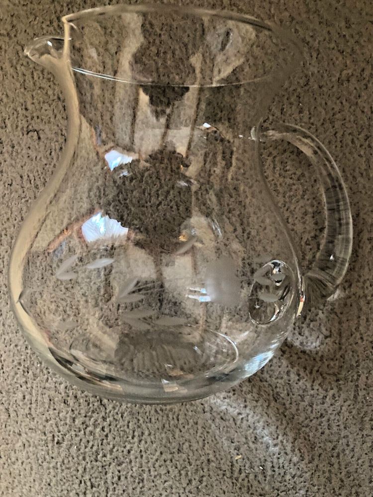 Vintage Clear Glass Water Pitcher with Etched Floral Leaf Design