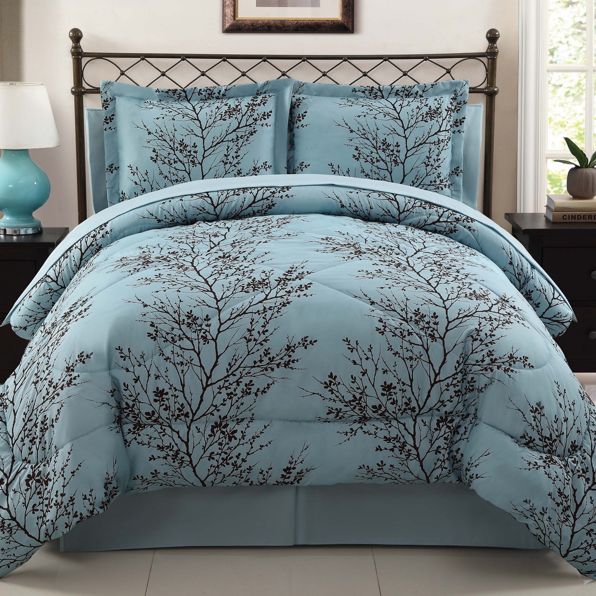 8-Pcs Blue/Chocolate Branch Reversible Bed in A Bag Comforter - Main Image