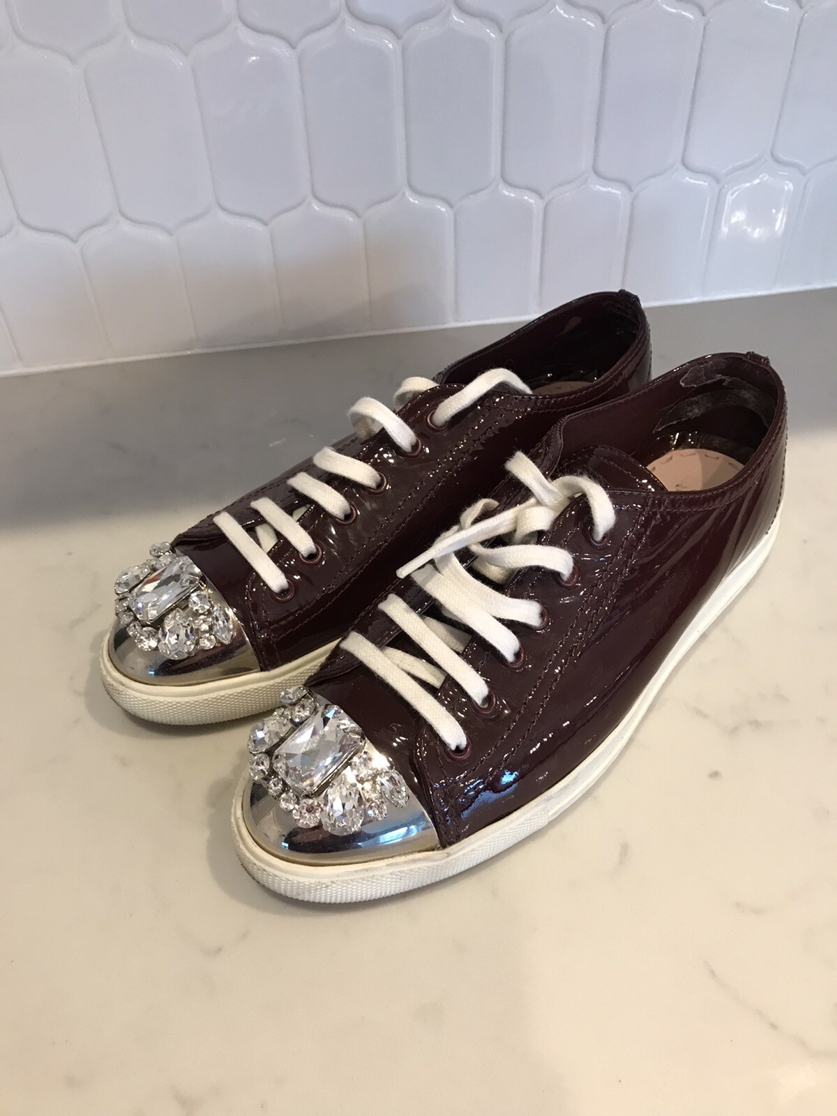 MIU MIU 39.5 M Patent Burgundy Swarovski Crystals Sneakers Trainers US 8  8.5 | eBay