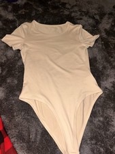 Beige Women's One Piece Short Sleeve Solid Bodysuit Regular Fit, Opaque, 1 Pack