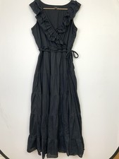 J. Crew Sz 10 Black Ruffle Front Braided Belt Tiered Maxi Dress Prairie
