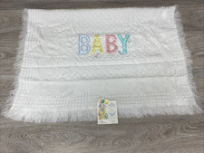 Vintage Acrylic Baby Blanket Pram Knit Fringe 36" x 50" Stroller USA Unused