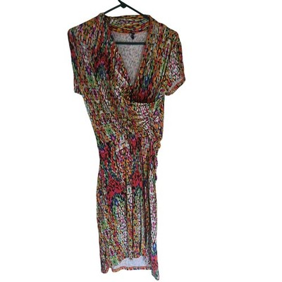Amelia Multi Color Abstract Print Ruched Wrap Dress Short Sleeve V-Neck Medium