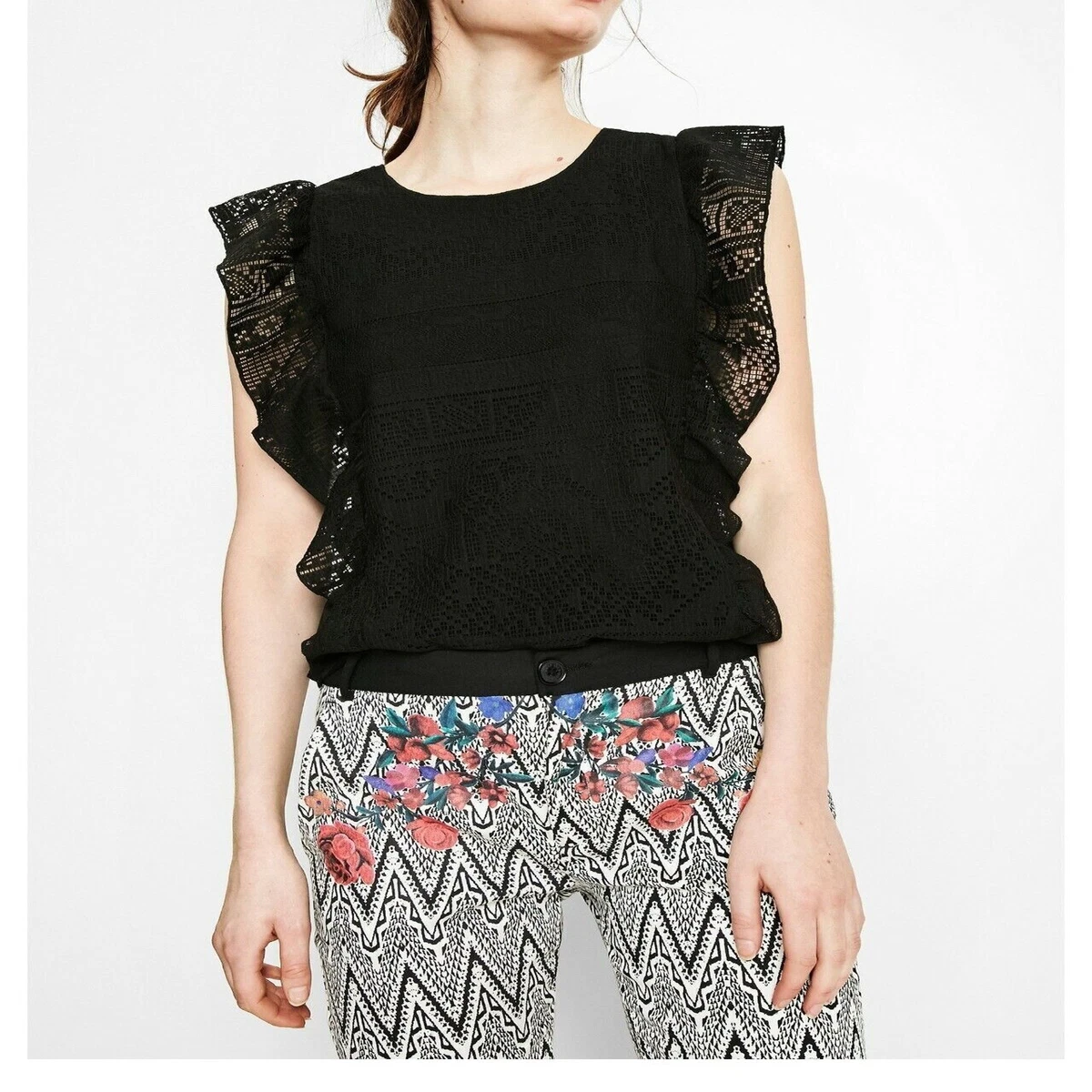 T-shirt Desigual Femme – Noir – Motif Floral – Manches Courtes – Taille L – NEUF