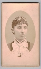 Antique CDV Circa Unmarked Young Woman Lace Collar Bow Ribbon Hair