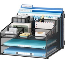 Desk Organizer - Metal Mesh with 2 Paper Letter Trays, 7 Flexible Black