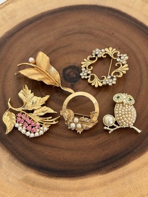 This Is A Great Mix of Brooch Set of 5 Gold Tone Pins