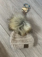 C.C Exclusives Pom Pom Beige Beanie Hat Keychain w/ Gold Tone Clasp Key Ring
