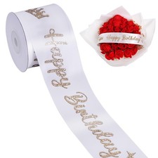 TONIFUL White Glitter Happy Birthday Satin Ribbon 2 Inch x 10 Yards Wide Prin...